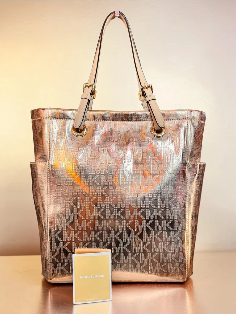 Michael Kors Jet Set Metallic Rose Gold Monogram Large Tote Bag. NWOT. MSRP $498